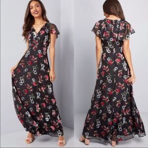 ModCloth X Anna Sui Black Ruffle Floral Maxi dress NWOT size 10